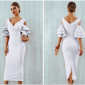 Bodycon Club Dress Sexy Deep V Neck Ruffles Butterfly Short Sleeve Midi
